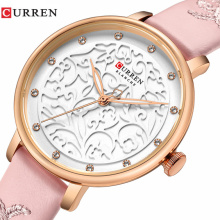 CURREN 9046 L Women 3D Creative Embossed Flowers Dial Ladies Pink Leather Wrist Watch Fashion Quartz Clock New Relogio Feminino